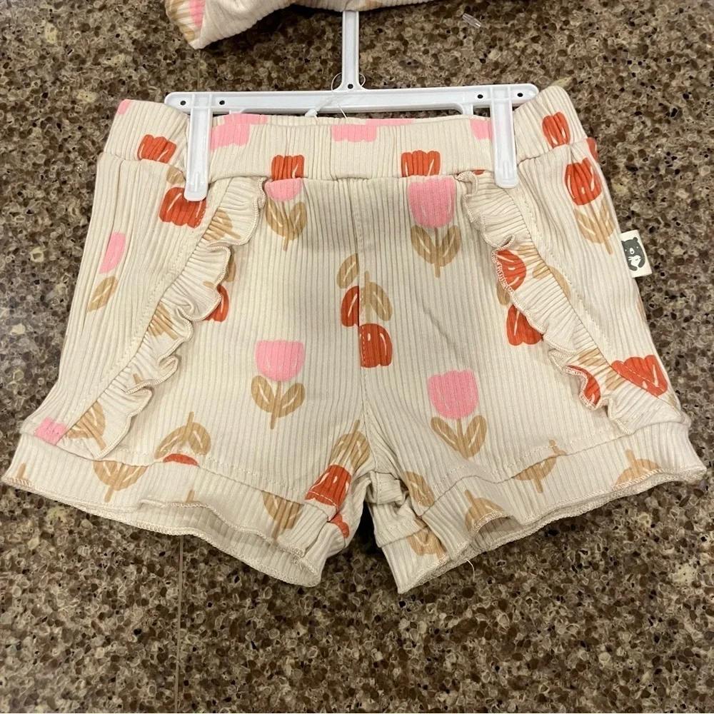 NWT Girl’s Ribbed Organic Cotton 3 Piece Tulip Set, Tank, Ruffle Shorts, Bow 12M